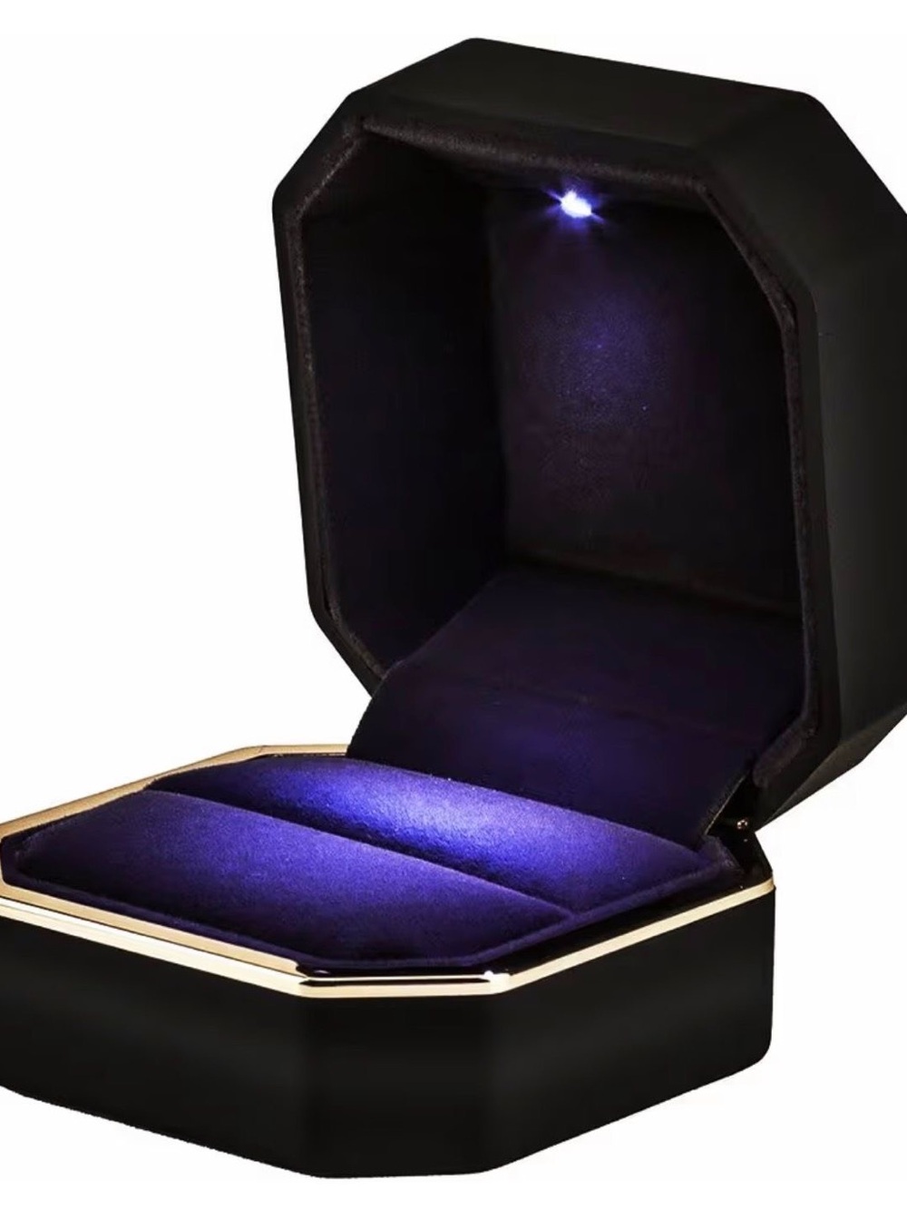 LED Jewelry Ring Box in Black with Purple Velvet Interior